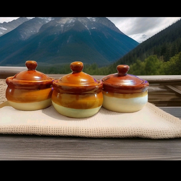 Lot of 3 Vintage Brown&Tan Stoneware French Onion Soup Bowls With Handles & Lids - Picture 8 of 9